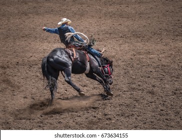 Cowboy riding a bucking bronco in a rodeo
