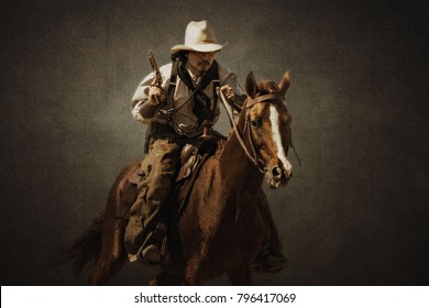 Cowboy riding a horse carrying a gun on a  texture background.