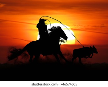  Cowboy Roping Calf At Sunset Silhouette                            