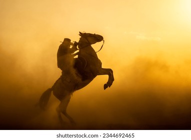 a cowboy show in the fog