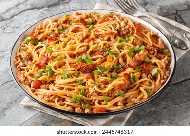 Cowboy spaghetti is made with fire-roasted tomatoes, ground beef, bacon, and cheddar cheese closeup on the plate on the table. Horizontal
