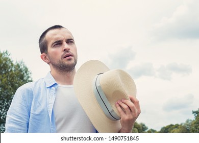 Cowboy Were Hot, Man Suffering From The Heat In The Summer, Portrait, Toned, Copy Space