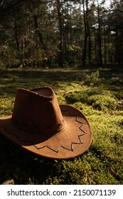 A Cowboy Western Hat Is Lying On Moss On A Sunny Day In The Forest.