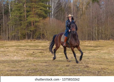 Cowgirl Cowboy Hat Rides Horse On Stock Photo (Edit Now) 1379398376