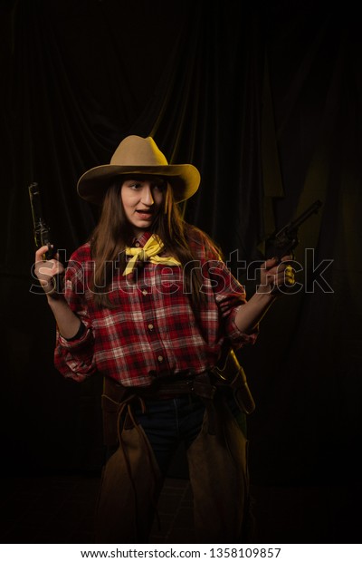 Cowgirl Girl Cowboy Hat Yellow Light Stock Photo 1358109857 