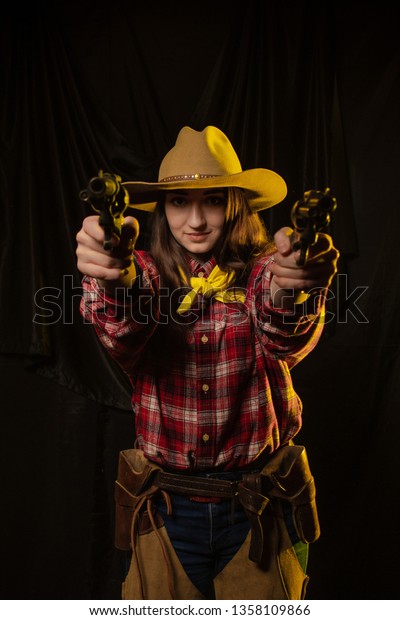 Cowgirl Girl Cowboy Hat Yellow Light Stock Photo 1358109866 | Shutterstock