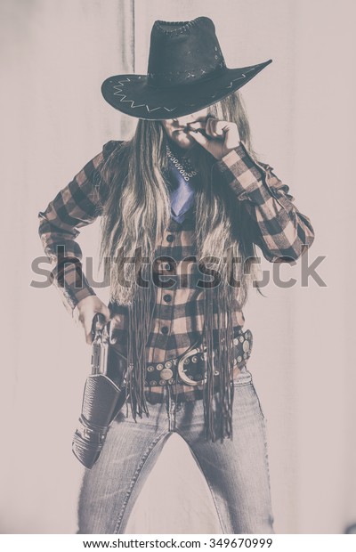 Cowgirl Gunslinger Western Stance Old West Stock Photo (Edit Now) 349670999