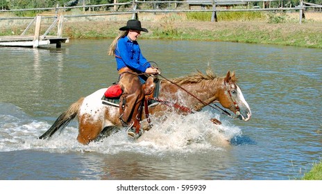 Cowgirl Pinto Crossing Pond Stock Photo 595939 | Shutterstock