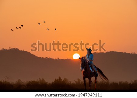 Cowgirl rider on horse back with silhouette mountain with flock of birds flying with sun sky background.