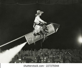 Cowgirl takes off on a rocket