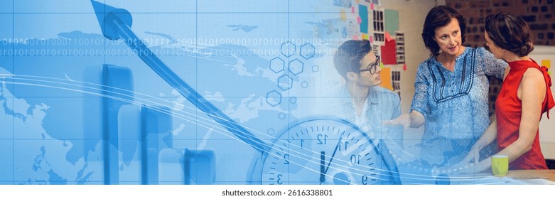 coworkers are brainstorming around table in office with flat analytics overlay, business theme. Collaboration, innovation, teamwork, digital, data, brainstorming, modern