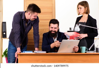 Coworkers Communicate Solving Business Tasks. Working Together. Working Process. Business Meeting. Female Small Minority. Woman Attractive Lady Working With Men Colleagues. Office Collective Concept.