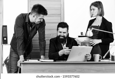 Coworkers Communicate Solving Business Tasks. Working Together. Working Process. Business Meeting. Female Small Minority. Woman Attractive Lady Working With Men Colleagues. Office Collective Concept.