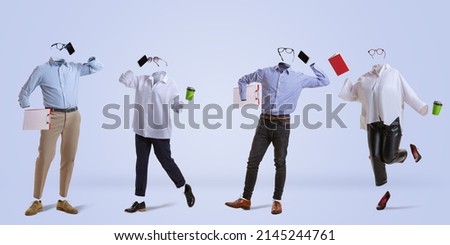 Co-workers. Creative artwork. Four stylish invisible persons wearing modern business style outfits and eyeglasses standing against blue background. Concept of fashion, creativity, art and ad.