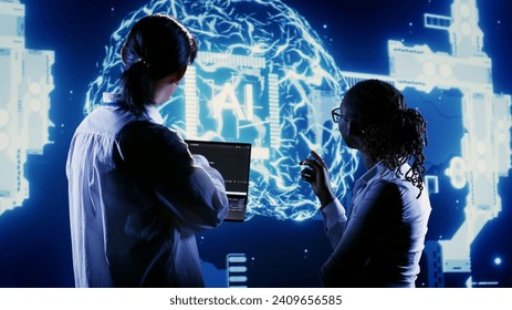 Coworkers deploying lines of code for artificial intelligence computerized model simulating human brain. Colleagues overseeing AI visualization showing machine learning algorithms pattern recognition