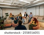 Coworkers engaging in a team-building activity, fostering collaboration and communication in a relaxed office environment