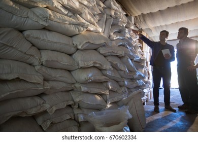 Coworkers examining barley sacks at warehouse - Powered by Shutterstock