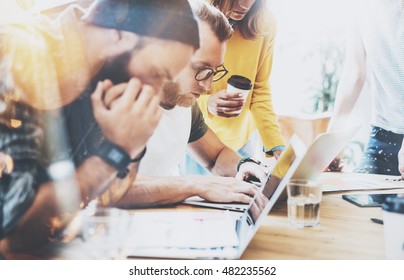 Coworkers Making Great Decisions Meeting.Young Business Marketing Team Discussion Corporate Work Concept Modern Office.New Startup Creative Idea Presentation.Hipsters Working Process.Flare Effect