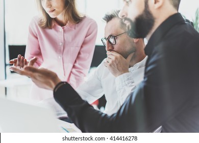 Coworkers Photo In Sunny Office.Startupers Team Work New Startup Project.Young Business Crew Working Modern Studio. Brainstorming Idea. Blurred,film Effect. Horizontal