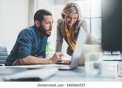 Coworkers Team At Work. Group Of Young Business People In Trendy Casual Wear Working Together In Creative Office.