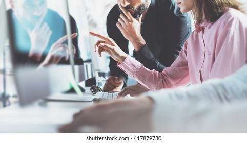 Coworkers Working Process Modern Office.Image Project Manager Team Discussing New Business.Young Creative Crew Work   Startup.Desktop Computer Table,presentation,reflection Monitor.Blurred,film Effect