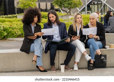 Coworking Business, Group Of People Socializing In An Urban Context, Meeting Multiracial Business People