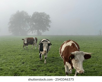 Cows walking in the mist