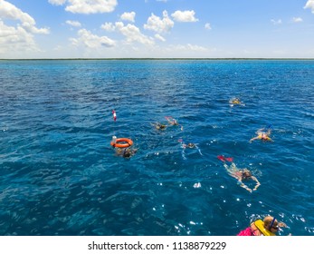 Cozumel, Mexico - Group Of Friends Snorkeling Together On A Party Boat Tour Of The Carribean Sea
