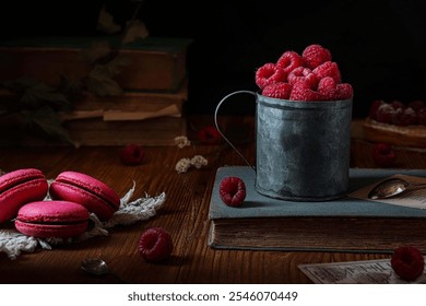 A cozy arrangement featuring fresh raspberries and vibrant macarons on a rustic table, perfect for a dessert-inspired aesthetic or culinary display. - Powered by Shutterstock