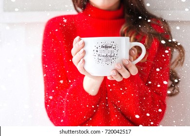 Cozy Atmosphere Girl With Big Cup Coffee Cacao Chocolate Christmas Time Winter