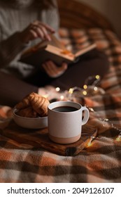 Cozy Autumn Evening: Girl, Coffee, Book And Croissants