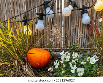 A cozy autumn garden scene with a bright orange pumpkin surrounded by greenery and white flowers. Softly glowing string lights hang against a wooden fence, creating a warm and inviting ambiance - Powered by Shutterstock