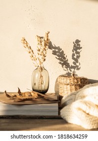 Cozy Autumn Home Still Life Of Dry Flowers In Vase, Straw Box, Knitted Blanket And Magazines On Rustic Wooden Table And Shadows On The Wall From The Bright Setting Sun