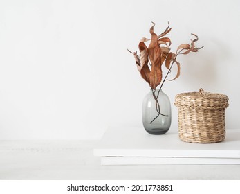 Cozy autumn home still life of dry fall branches in vase, wicker box and magazines on white table. Front view. Copy spce