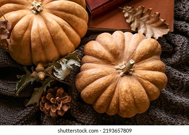 Cozy Autumn Still Life With Pumpkins, Knitted Woolen Sweater And Books On Windowsill. Autumn Home Decor. Cozy Fall Mood. Autumn Reading. Thanksgiving. Halloween.