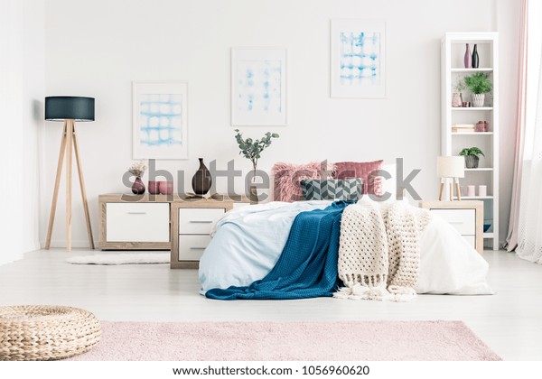 Cozy Bed Blue Creamy Blankets Pink Stock Photo Edit Now