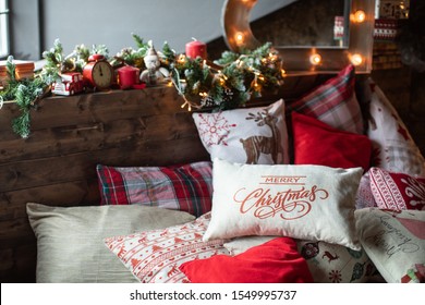 Cozy Bed With Christmas Pillows Decorated With Christmas Decor