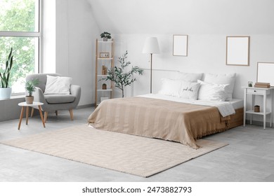 Cozy bed with white pillows in interior of light bedroom - Powered by Shutterstock