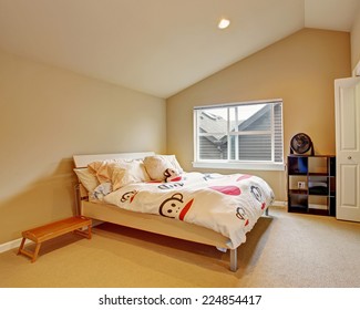 Cozy Bedroom With High Vaulted Ceiling. Light Wooden Bed With White Cheerful Bedding