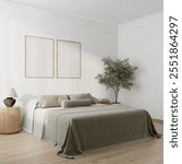 Cozy bedroom interior, mock up poster frame,frame mockup in modern bedroom, 3d rendering, 3d.