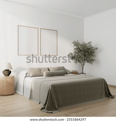 Cozy bedroom interior, mock up poster frame,frame mockup in modern bedroom, 3d rendering, 3d.
