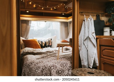 Cozy Bedroom Interior In The Trailer Of Mobile Home Or Recreational Vehicle, Concept Of Family Local Travel In Native Country On Caravan Or Camper Van And Camping Life