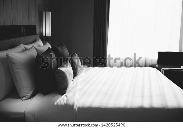 Cozy Bedroom Sunlight Black White Photography Stock Photo