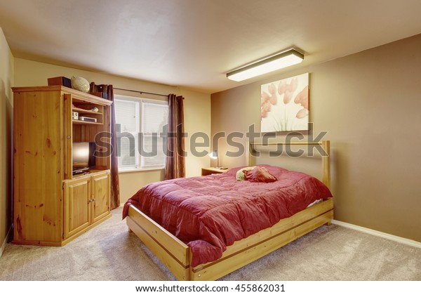 Cozy Bedroom Wooden Furniture Brown Curtains Stock Photo