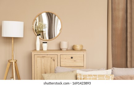 Cozy Beige Home Wooden Interior In Warm Colors. Minimalistic Scandinavian Interior. Beautiful Bright Room.