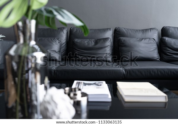 Cozy Black Leather Sofa Composition Minimal Stock Photo Edit Now