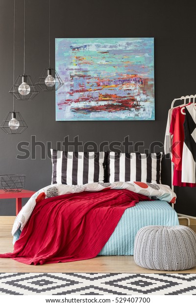 Cozy Black White Bedroom Red Blue Stock Photo Edit Now
