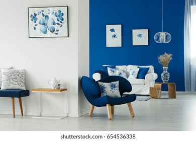 Cozy Blue And White Living Room With Flowery Patterns On Pillows And Posters