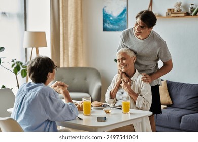 At a cozy breakfast table, a son shares joyful moments with his loving lesbian parents, enjoying a sunny morning. - Powered by Shutterstock