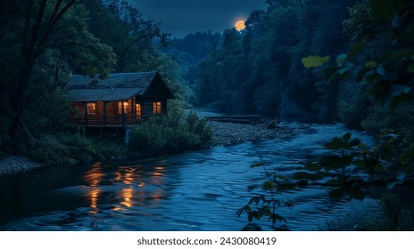 A cozy cabin by a peaceful river at night - Powered by Shutterstock